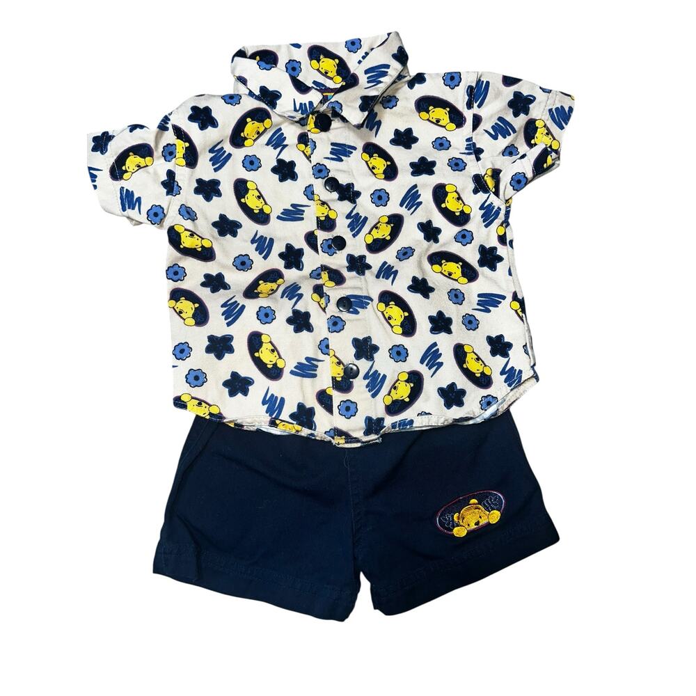 Vintage Disney Winnie the Pooh Baby shorts shirt set Outfit button up preppy 6/9